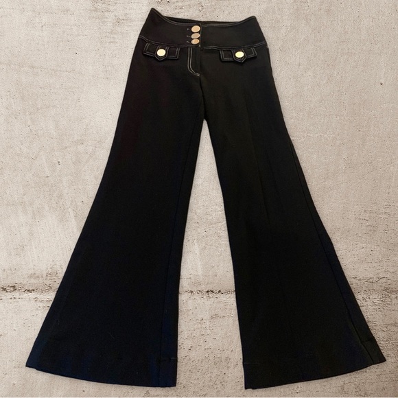 New black trousers white stitching gold shiny buttons tight fit wide flare size4 - Picture 1 of 10